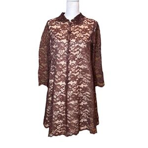 Vintage Carol Craig Lace Dress Womens 10 Brown Sheer Overlay Button Front